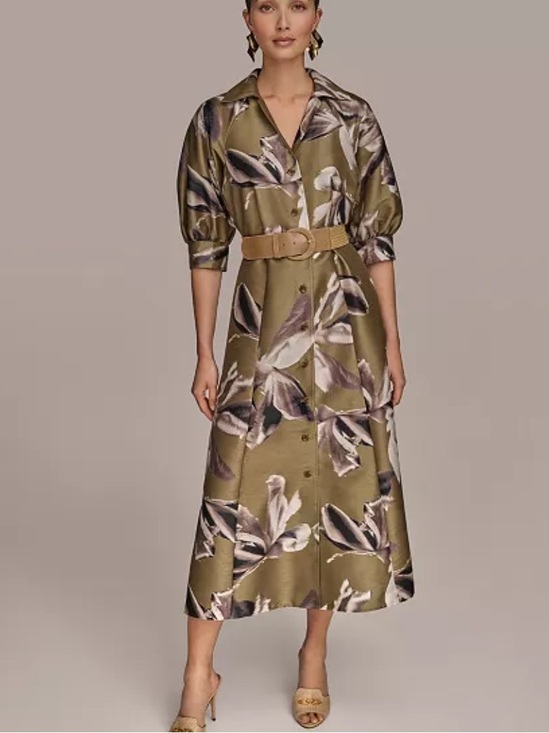 Donna Karan Dresses & Skirts - Donna Karan New York Olive Floral Belted Midi Shirt Dress NWT Size 10